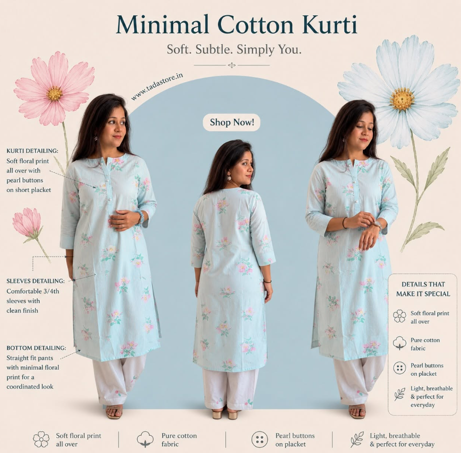 Minimal Cotton Kurti with soft floral print and pearl buttons at Narista Style Closet